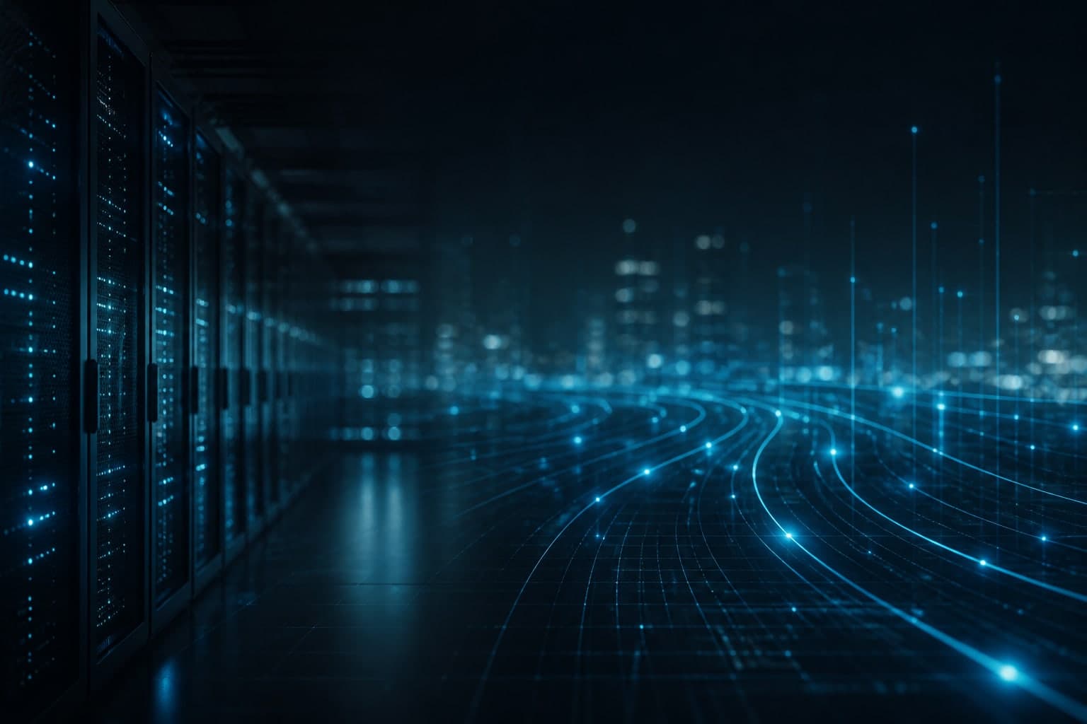 Data center and network atmosphere behind technology charts