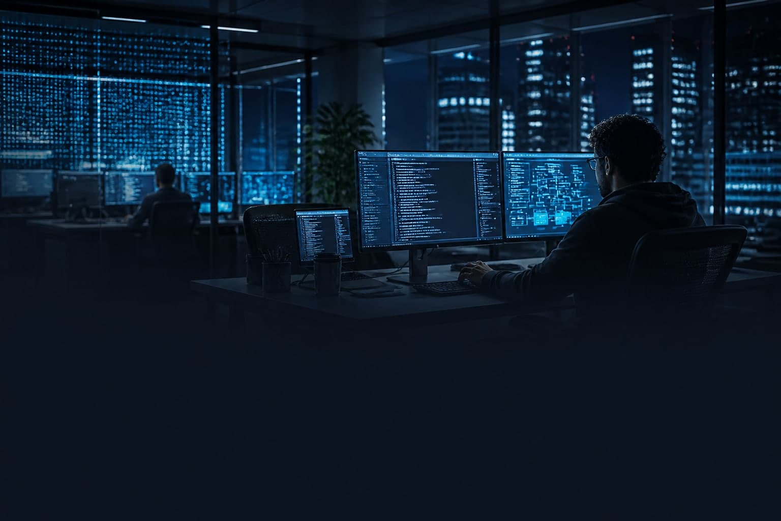 Modern engineering workspace with code and architecture glow
