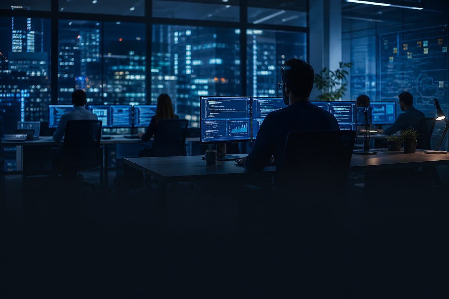 Modern technology workspace with digital dashboards and city lights