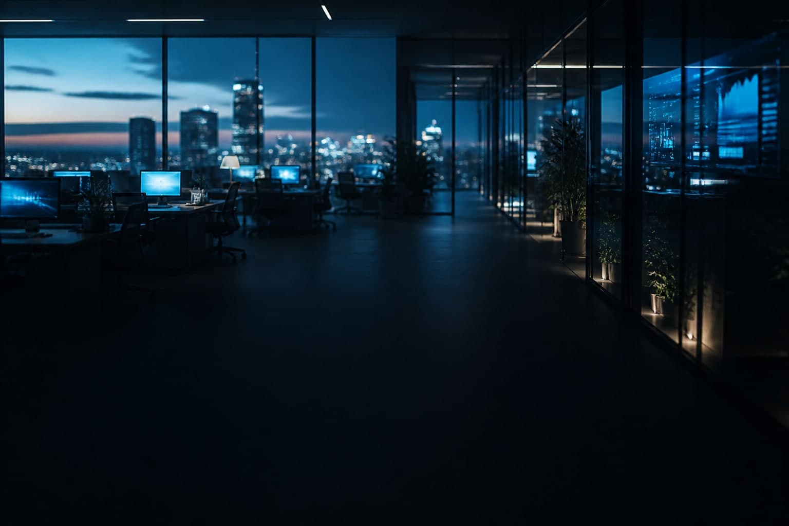 Modern technology workspace with cool blue light and city glow