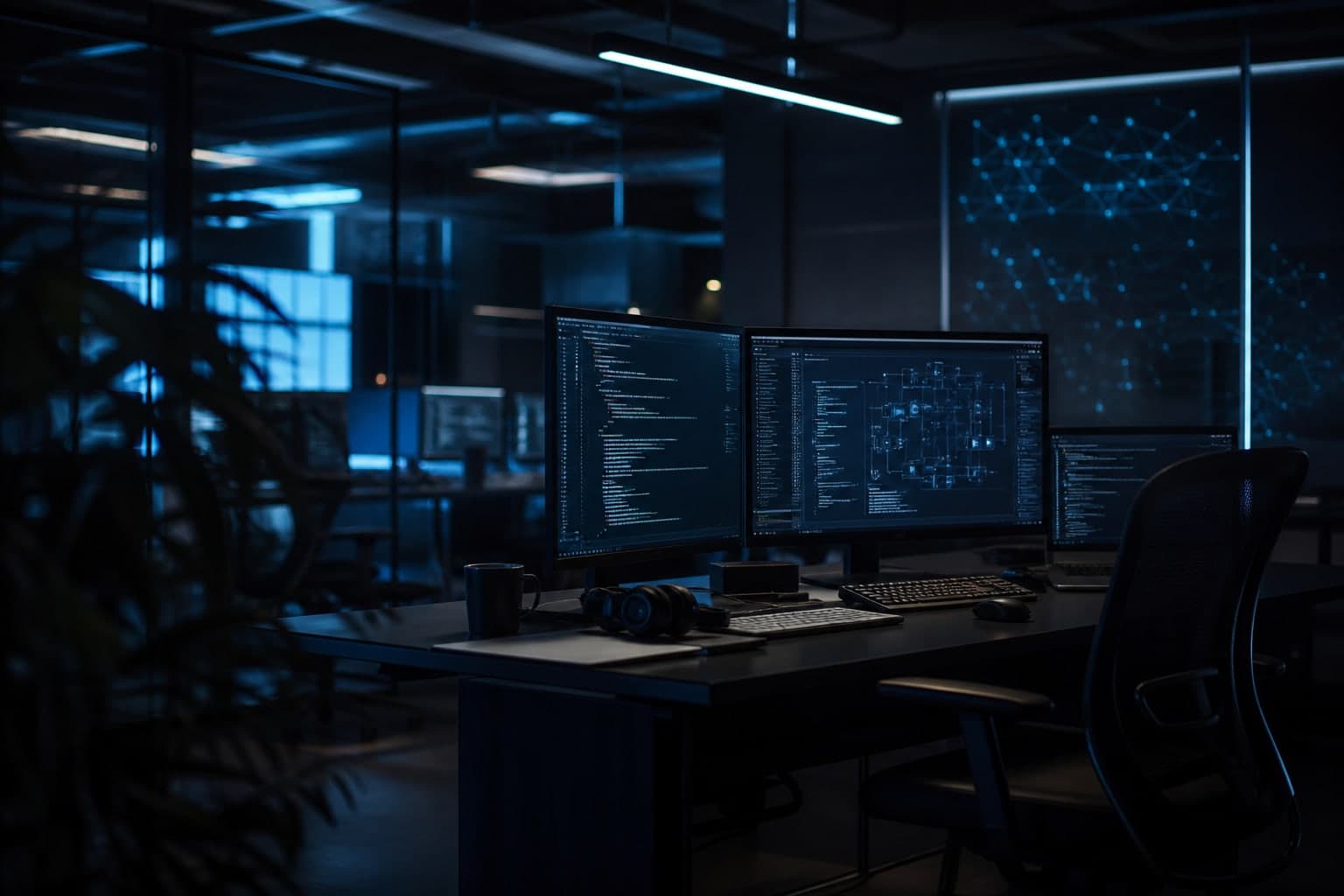 Engineering workspace with monitors and cool blue light