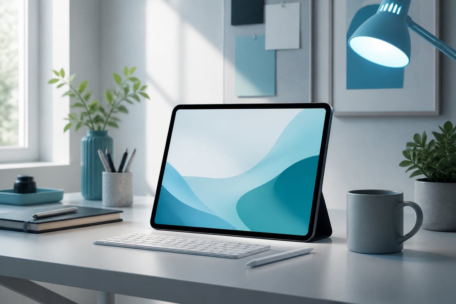 Product design desk with tablet silhouette