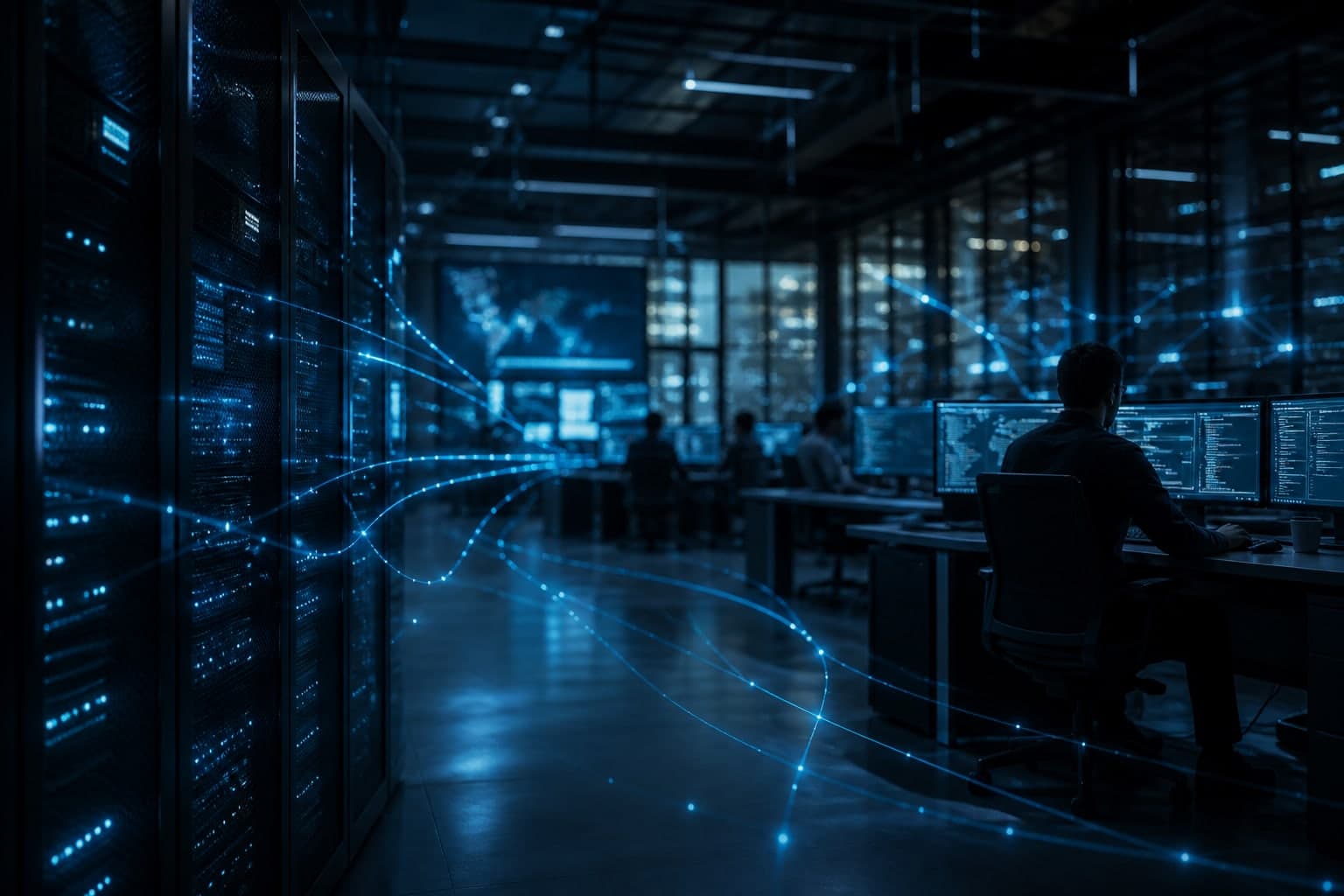 Software engineering workspace with cool blue network light